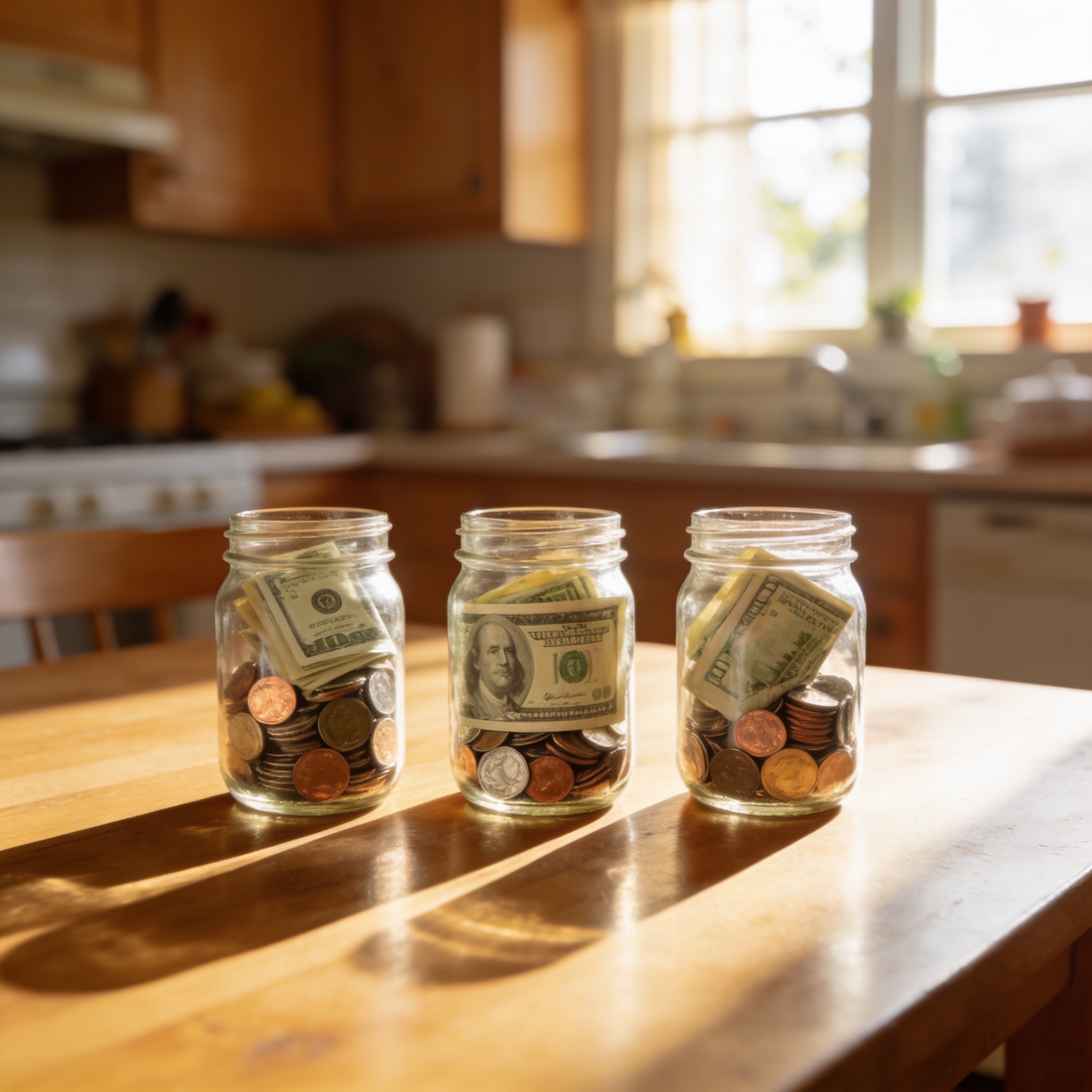 Three glass mason jars on a sunlit kitchen table for the 3-jar method of teaching kids to save money