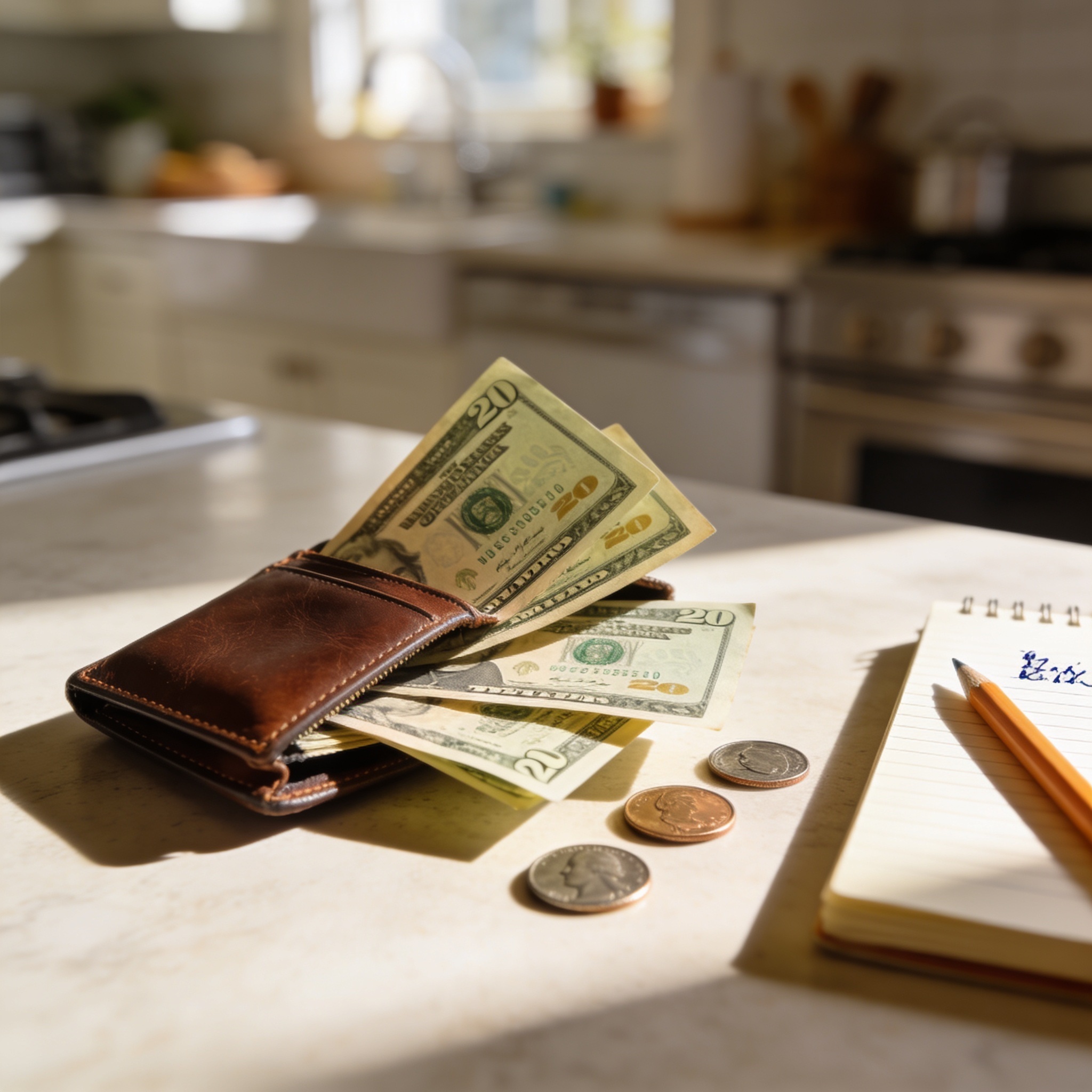 Wallet open on a sunlit kitchen counter with dollar bills and a notebook representing how much allowance kids should get