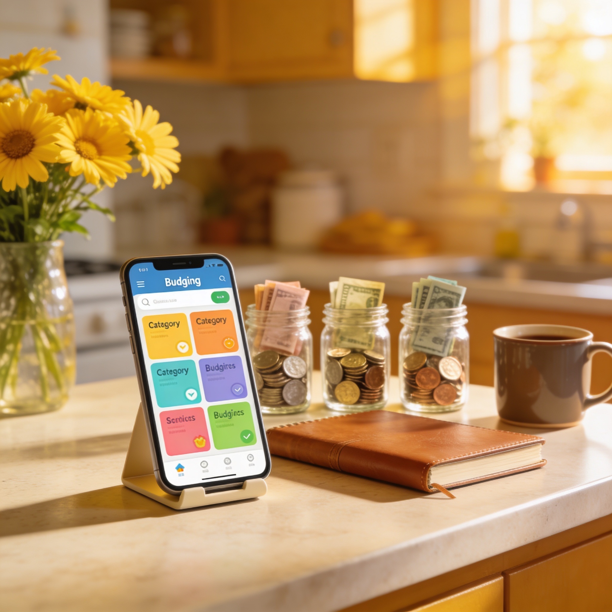A bright family kitchen counter scene with a smartphone displaying a kids budgeting app, jars, notebook and flowers - Young Bucks Club BuckBook app