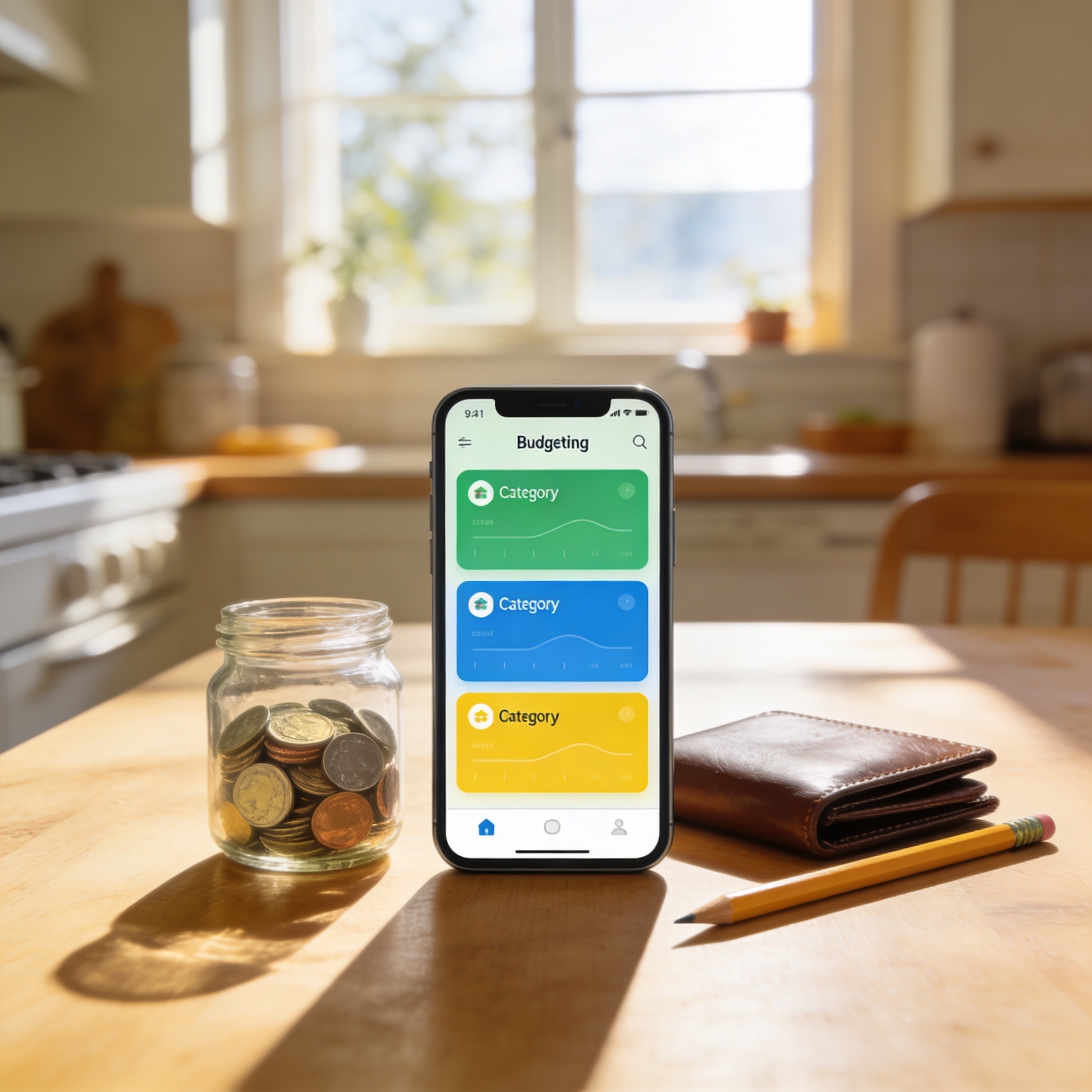 Smartphone displaying a colorful kids budgeting app dashboard on a sunny kitchen table with coin jar and wallet - the best budgeting app for kids 2026