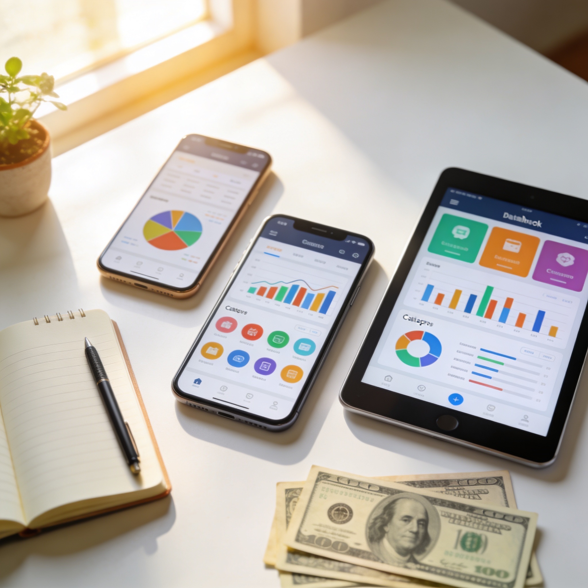 Several smartphones and a tablet on a clean white desk showing colorful app interfaces - landscape of kids budgeting apps in 2026