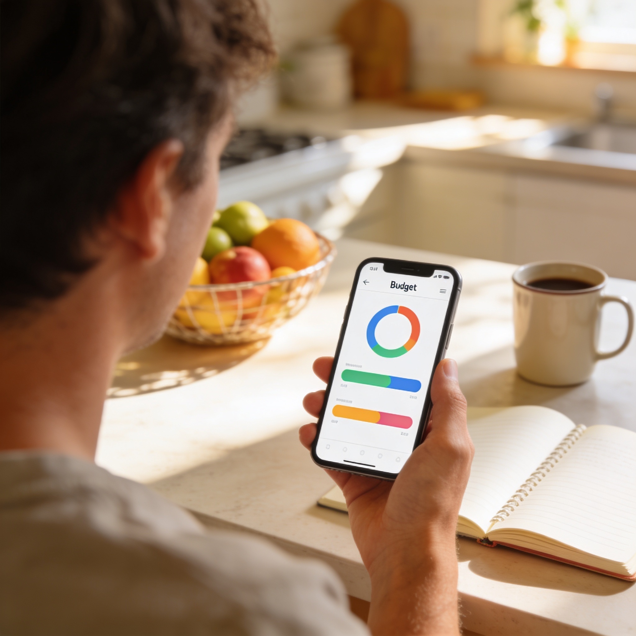 Adult hand holding a smartphone showing a colorful budgeting app at a sunny kitchen counter - best budgeting app for kids by age