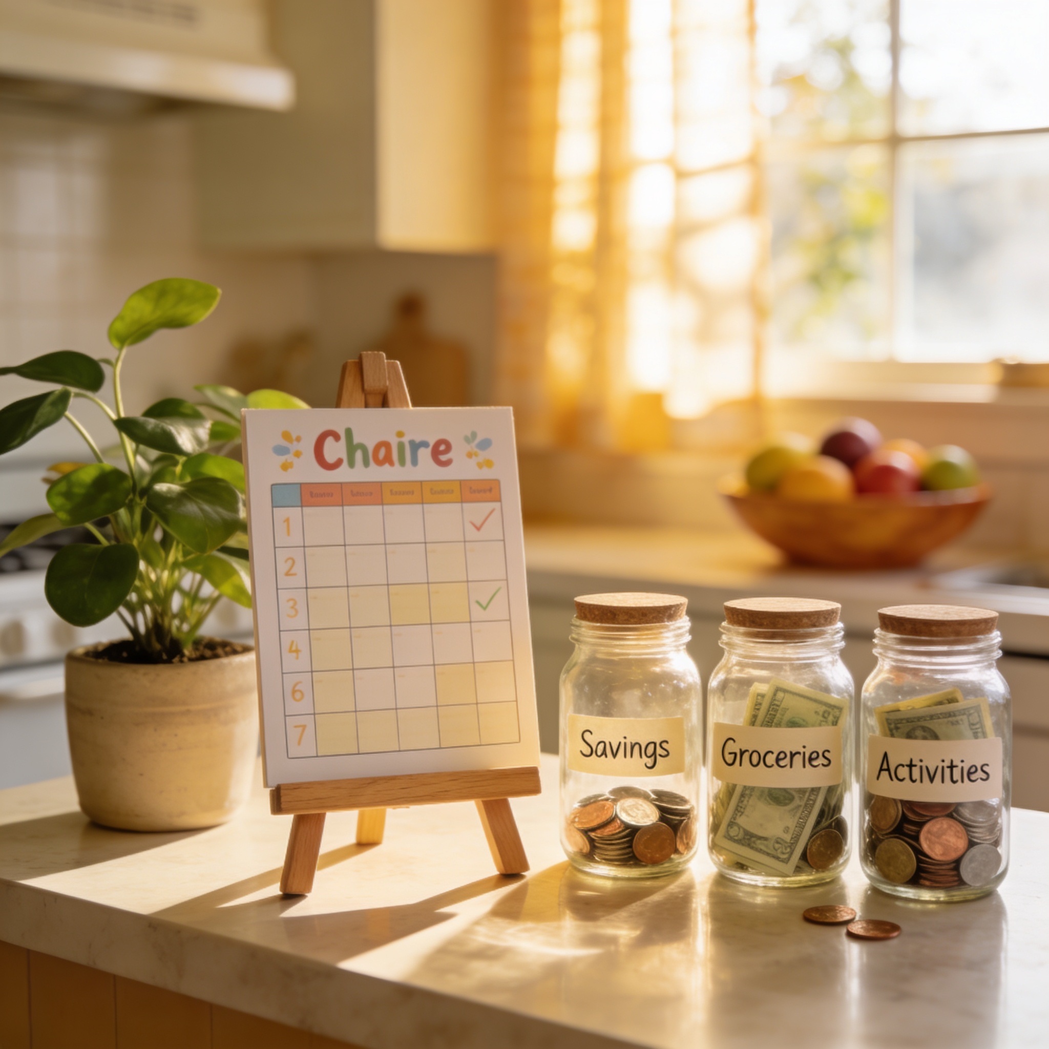 Warm family kitchen counter with a chore chart on a small easel beside three labeled jars of coins and bills - the visible setup that makes a chore chart kids money system stick
