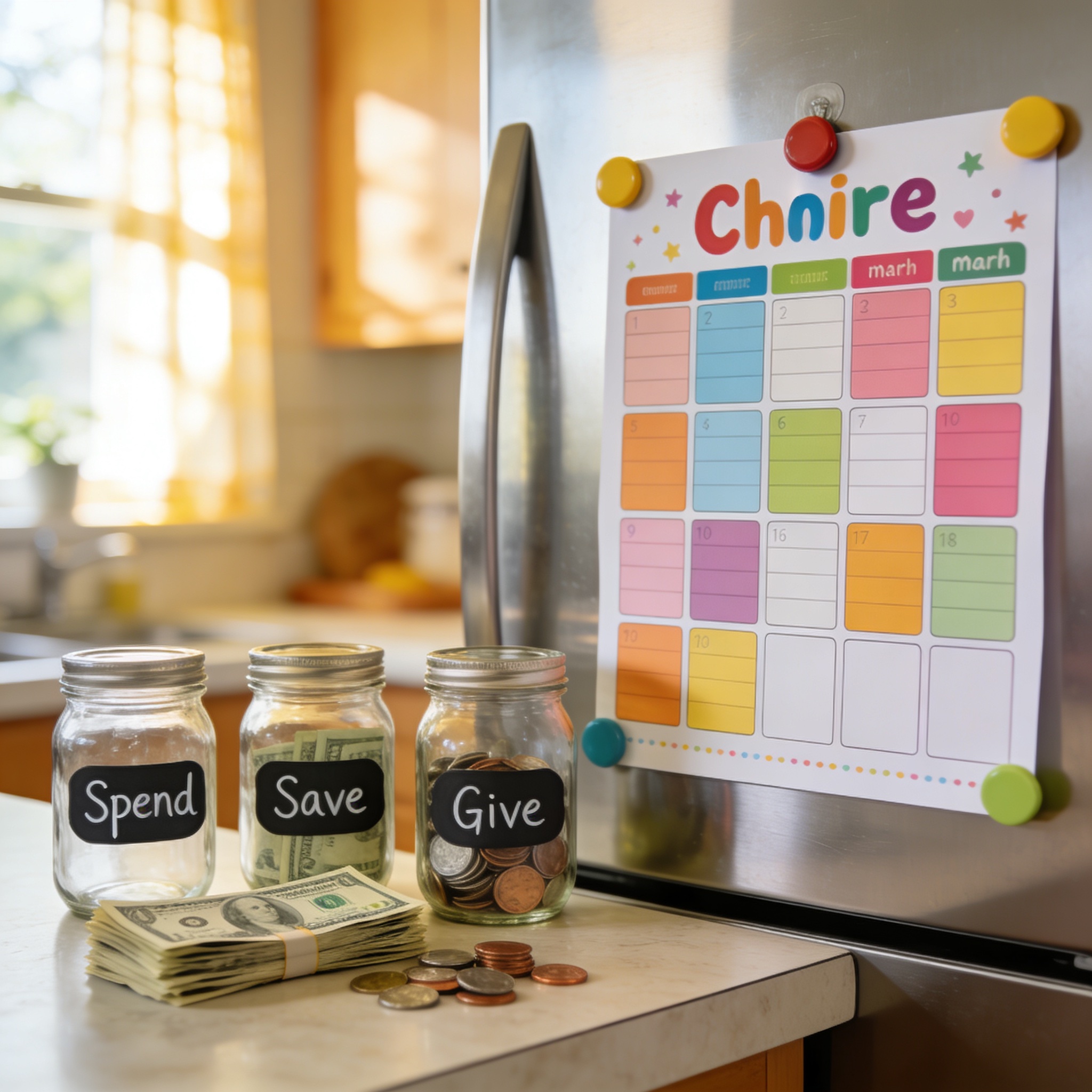 Colorful family chore chart pinned to a refrigerator beside three labeled mason jars holding coins and dollar bills - the chore chart kids money system in a bright kitchen