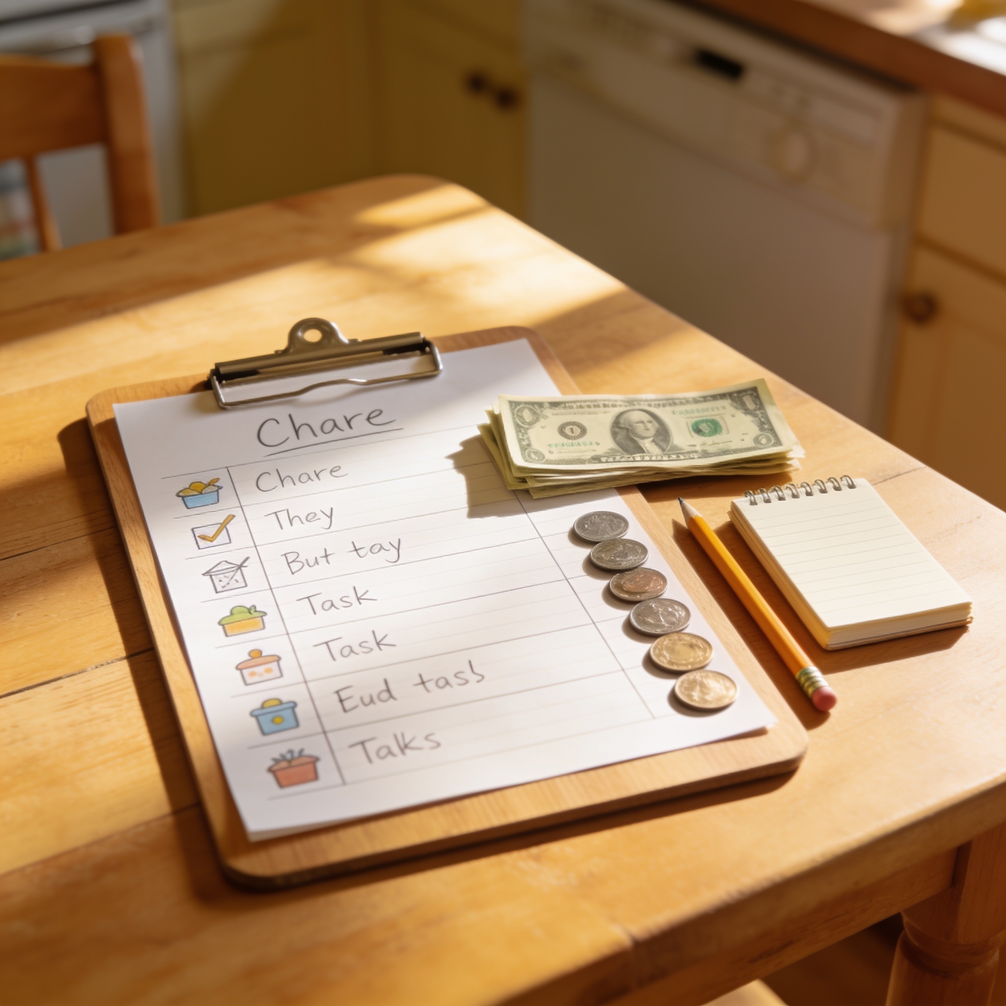 Top-down view of a handwritten chore chart on a wooden clipboard next to a small stack of US dollar bills and quarters - the core building blocks of a chore chart kids money system