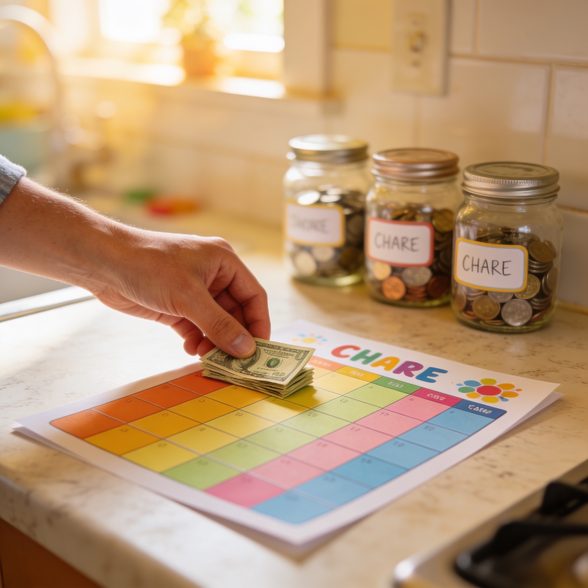 Adult hand placing dollar bills on a kitchen counter beside a colorful family chore chart with three coin jars in soft focus - a chore chart kids money system in real family use