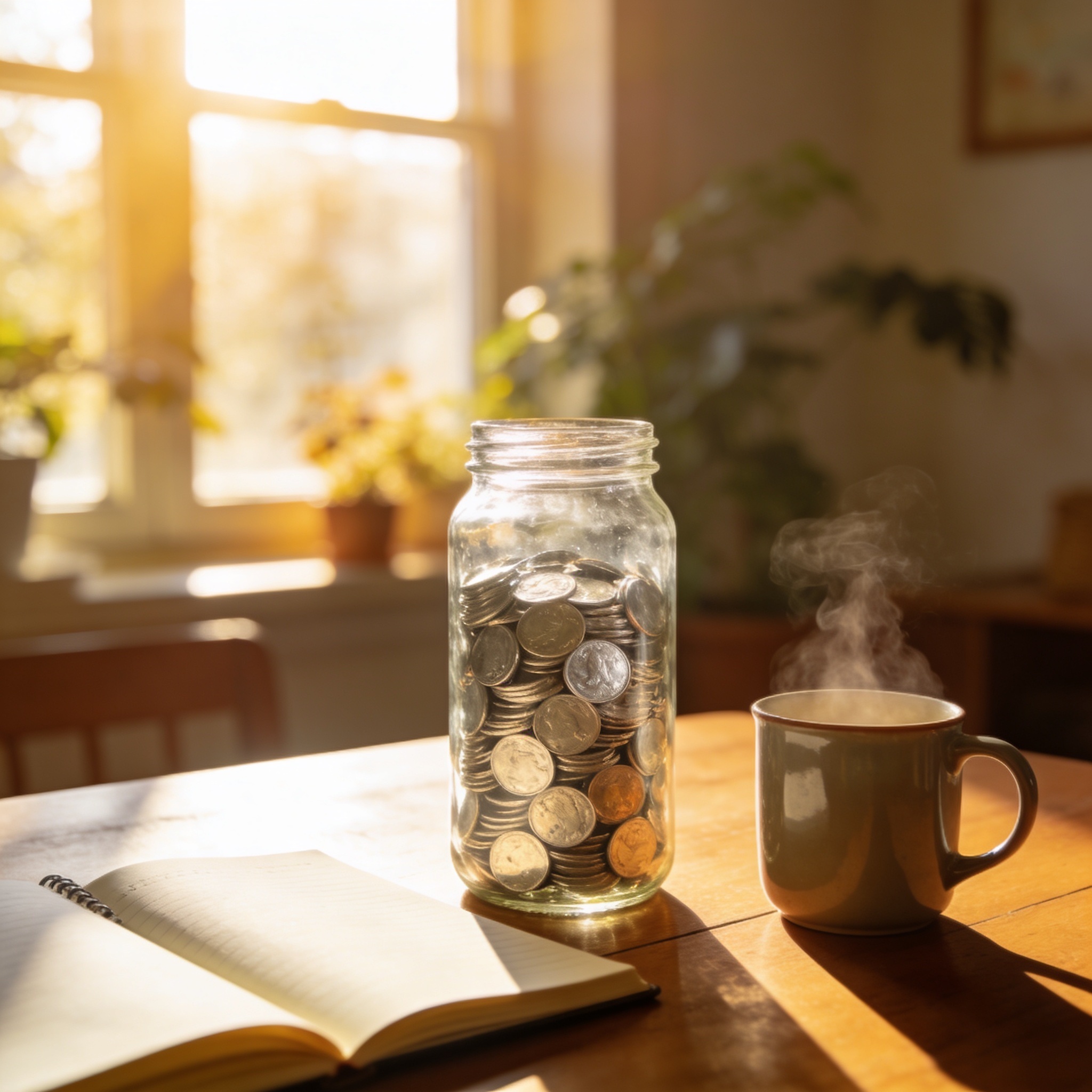 A glass jar nearly full of coins on a wooden table beside a notebook - the result of a 30-day kids saving challenge