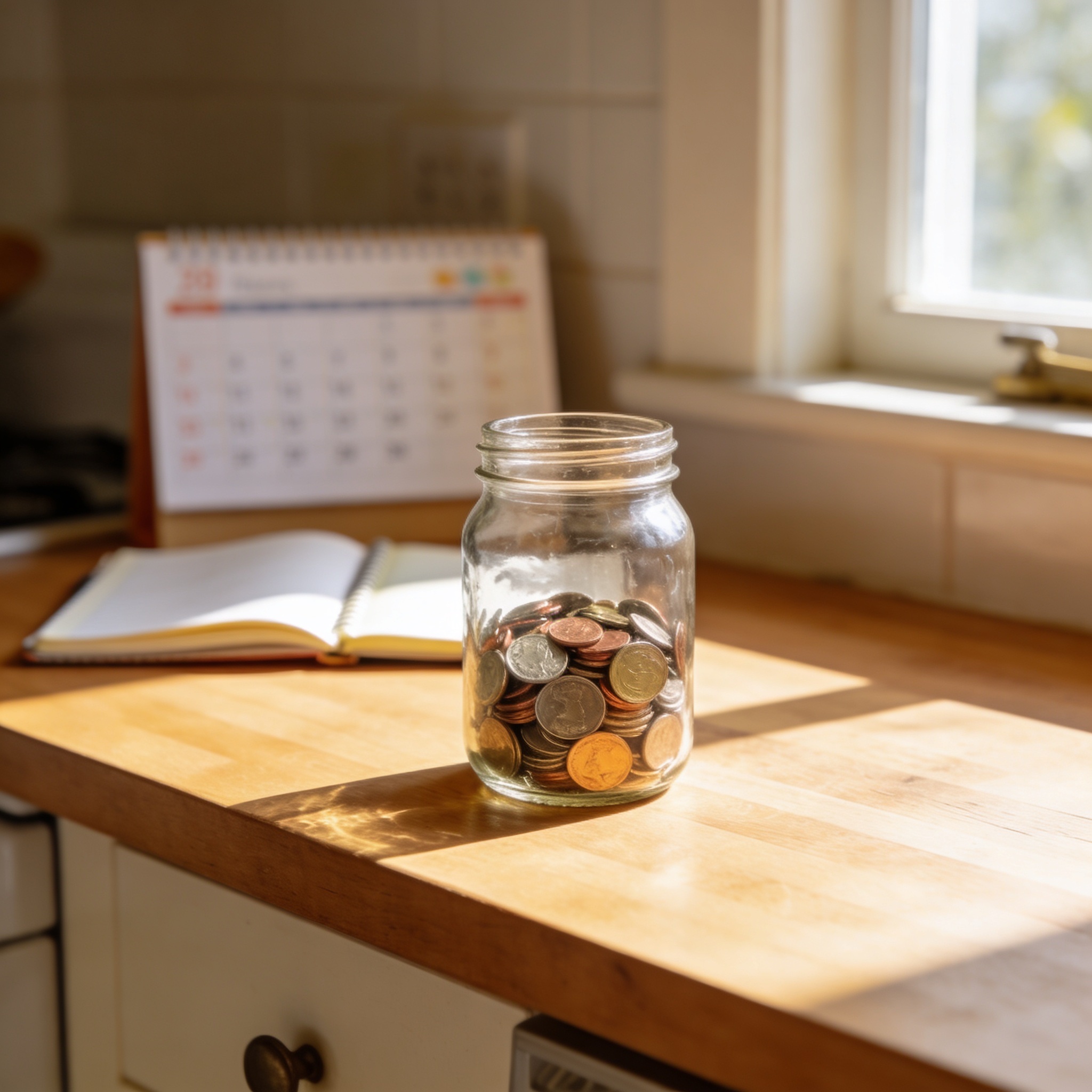 A glass jar with coins on a sunny kitchen counter for a 30-day kids saving challenge