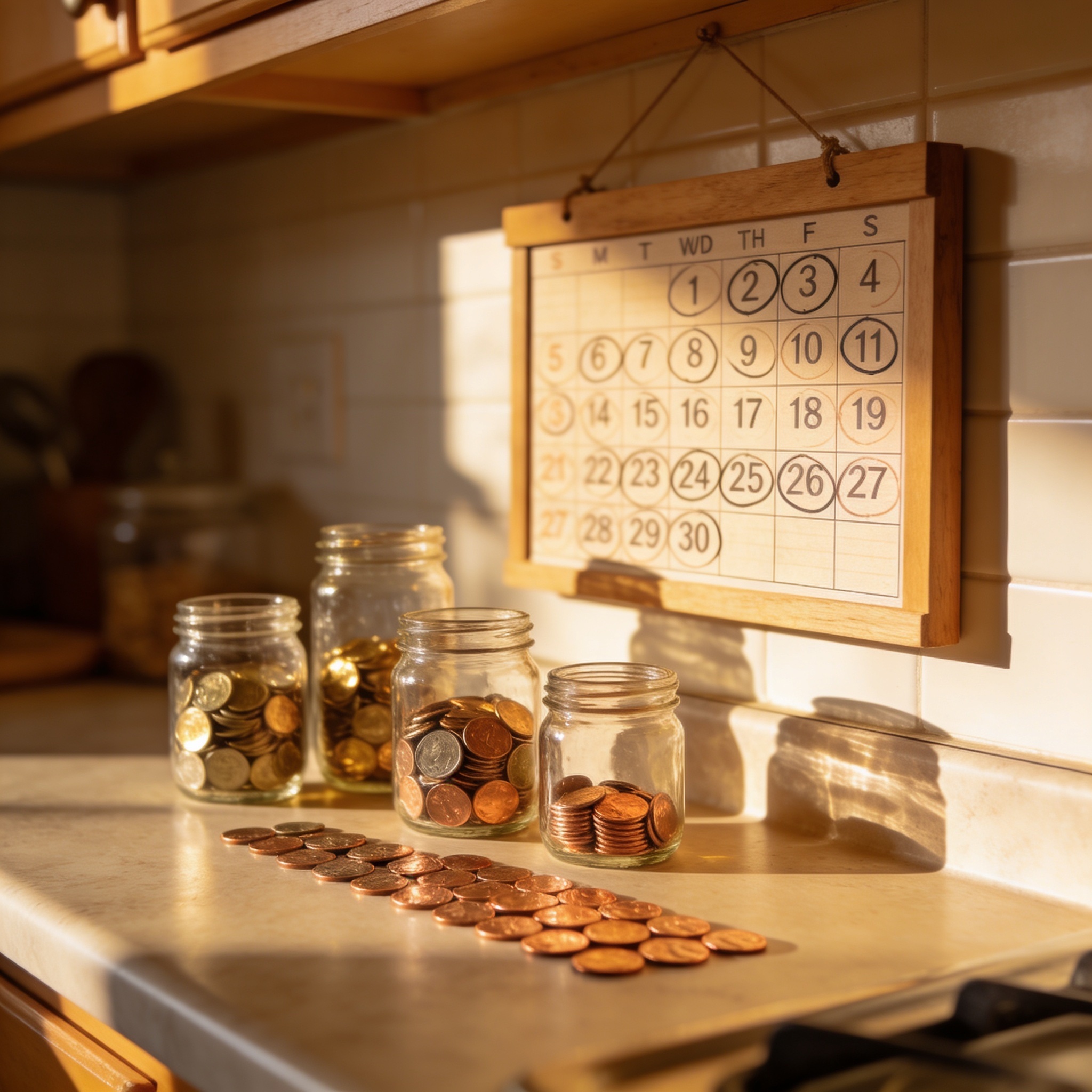 Multiple glass jars filled with coins arranged on a sunny kitchen counter for a kids saving challenge