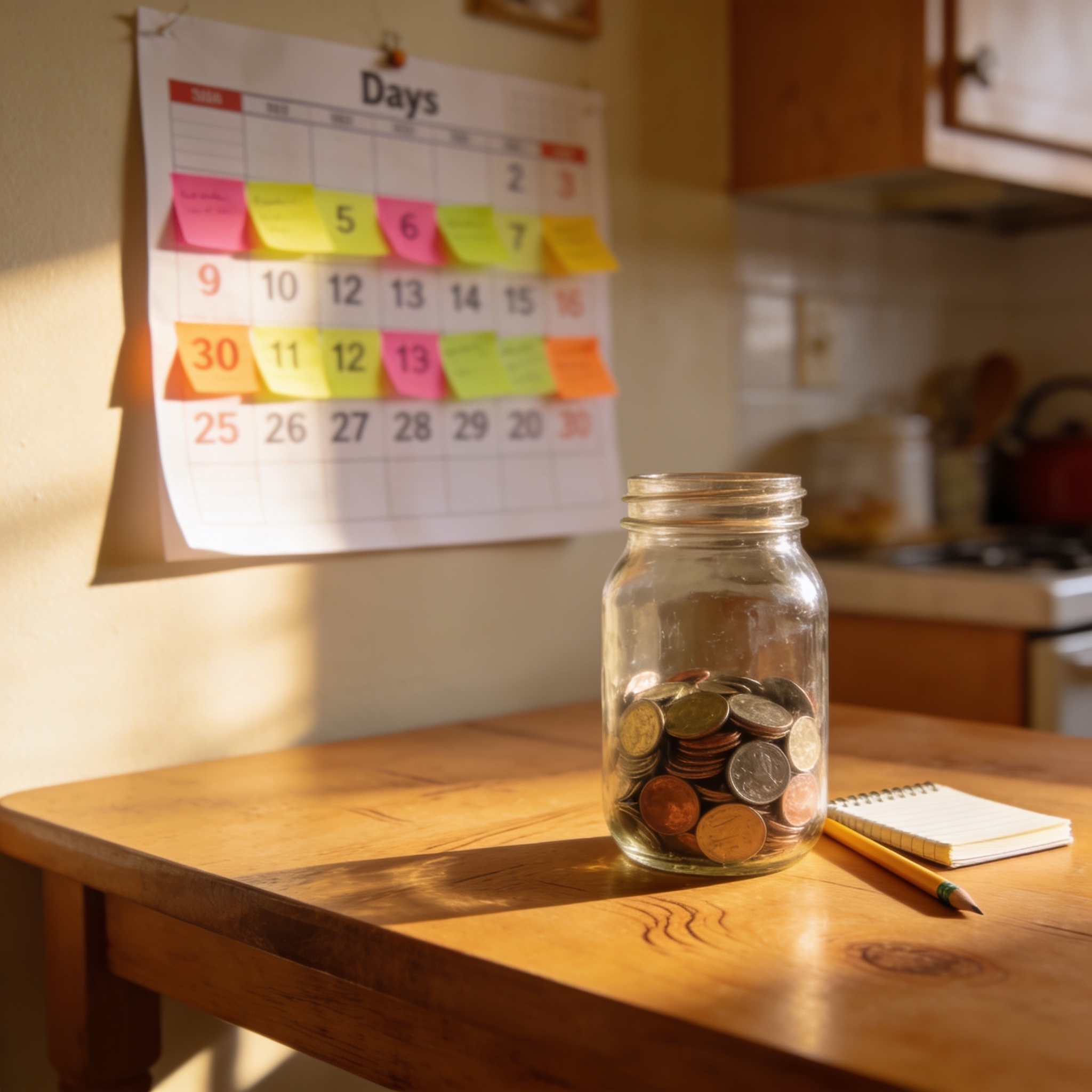 A glass jar with coins beside a wall calendar showing 30 days of a kids saving challenge