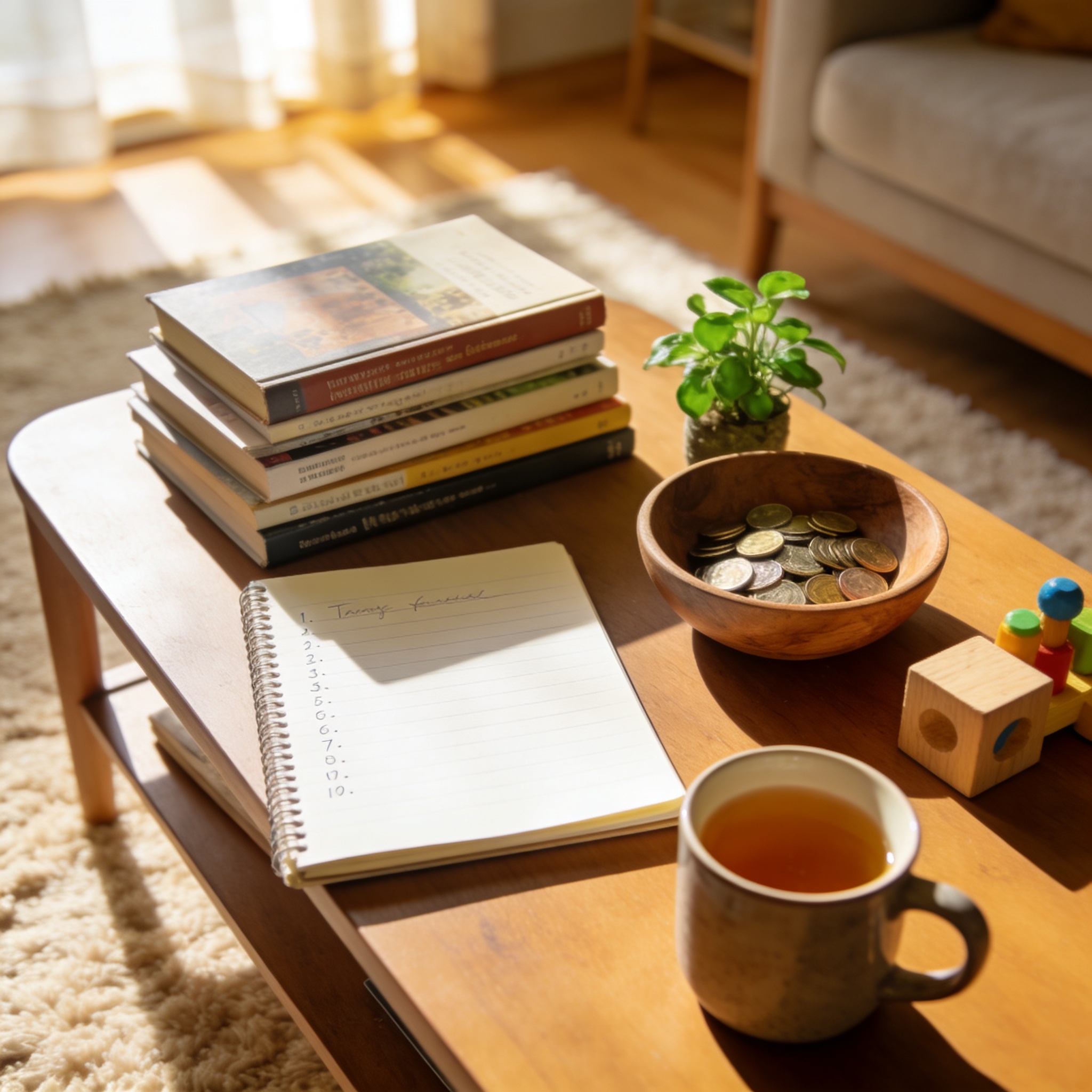 Sunny family kitchen counter with three labeled jars holding bills and coins beside a notebook — the visible setup that makes a kids budget actually stick