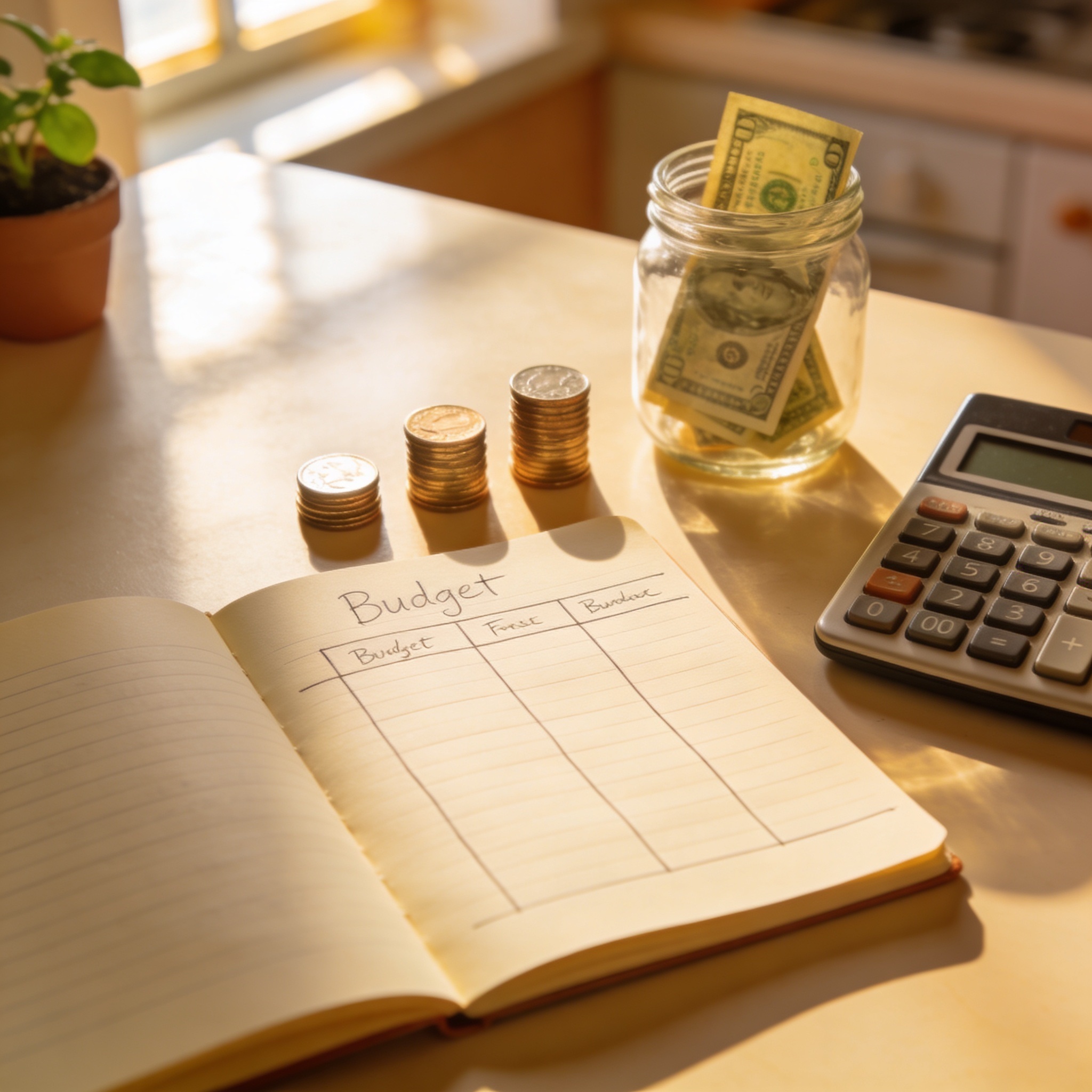 Parent and child planning a simple kids budget together at a sunny kitchen table with a notebook calculator and small stack of bills