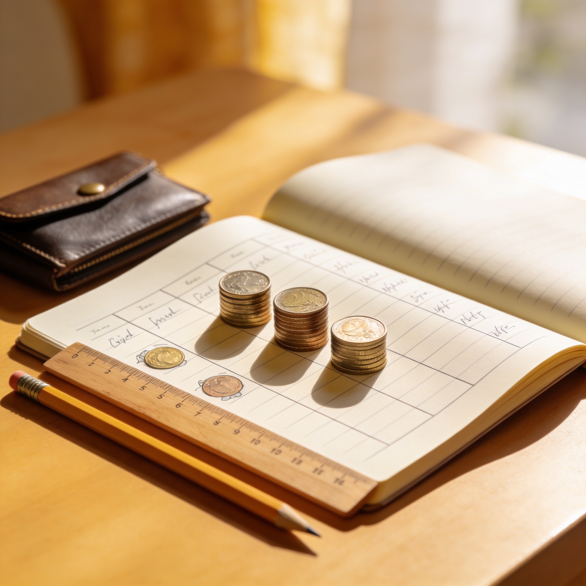 Notebook open on a sunny kitchen table beside a calculator stack of US dollar bills and a small jar with coins — the core pieces of creating a simple budget with your child