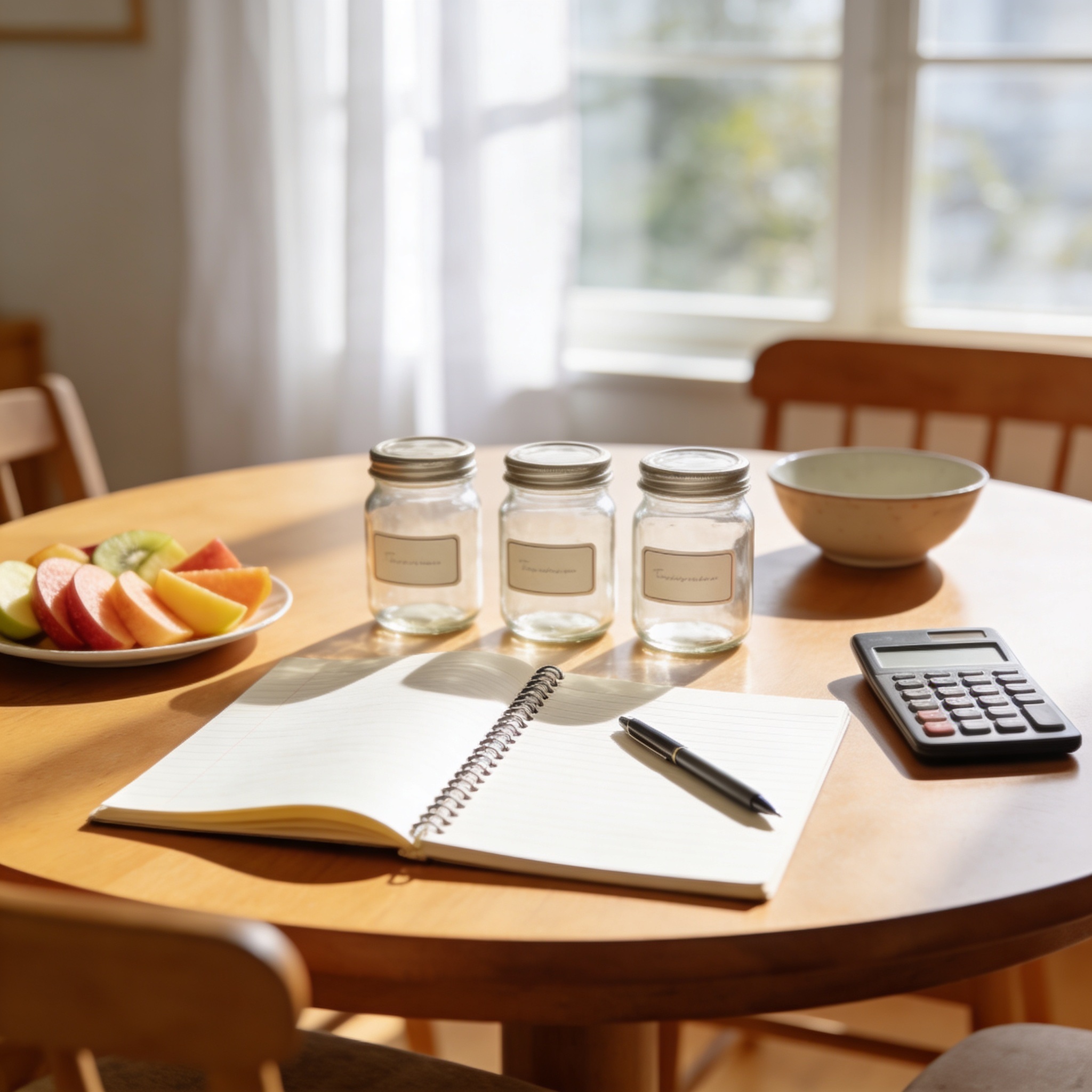 Adult hands writing in an open notebook beside a small stack of US dollar bills and coins on a sunny family kitchen table — a parent guiding a child through a simple budget