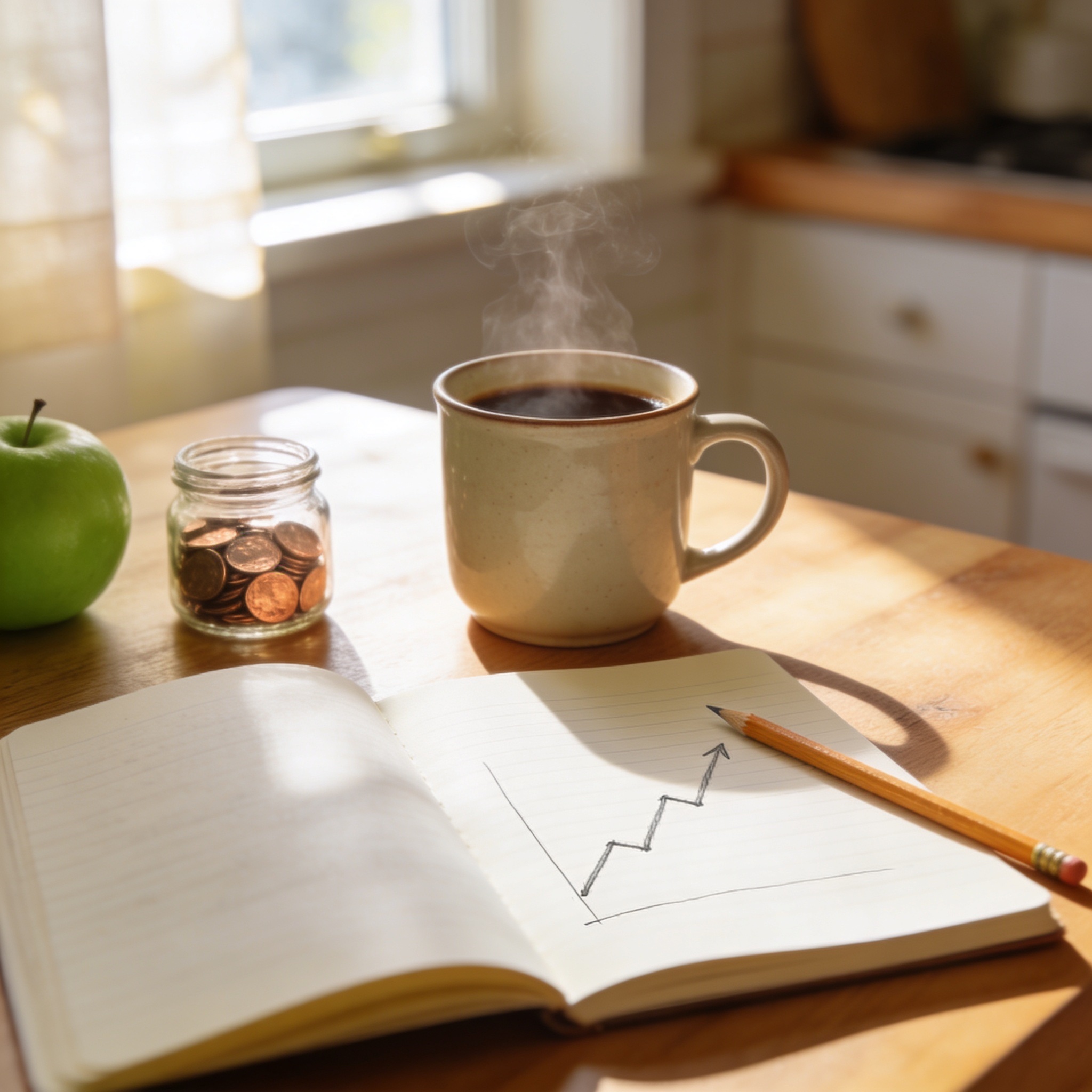 A breakfast table with a notebook showing an upward graph and a jar of coins - the everyday tools that help you explain interest to kids