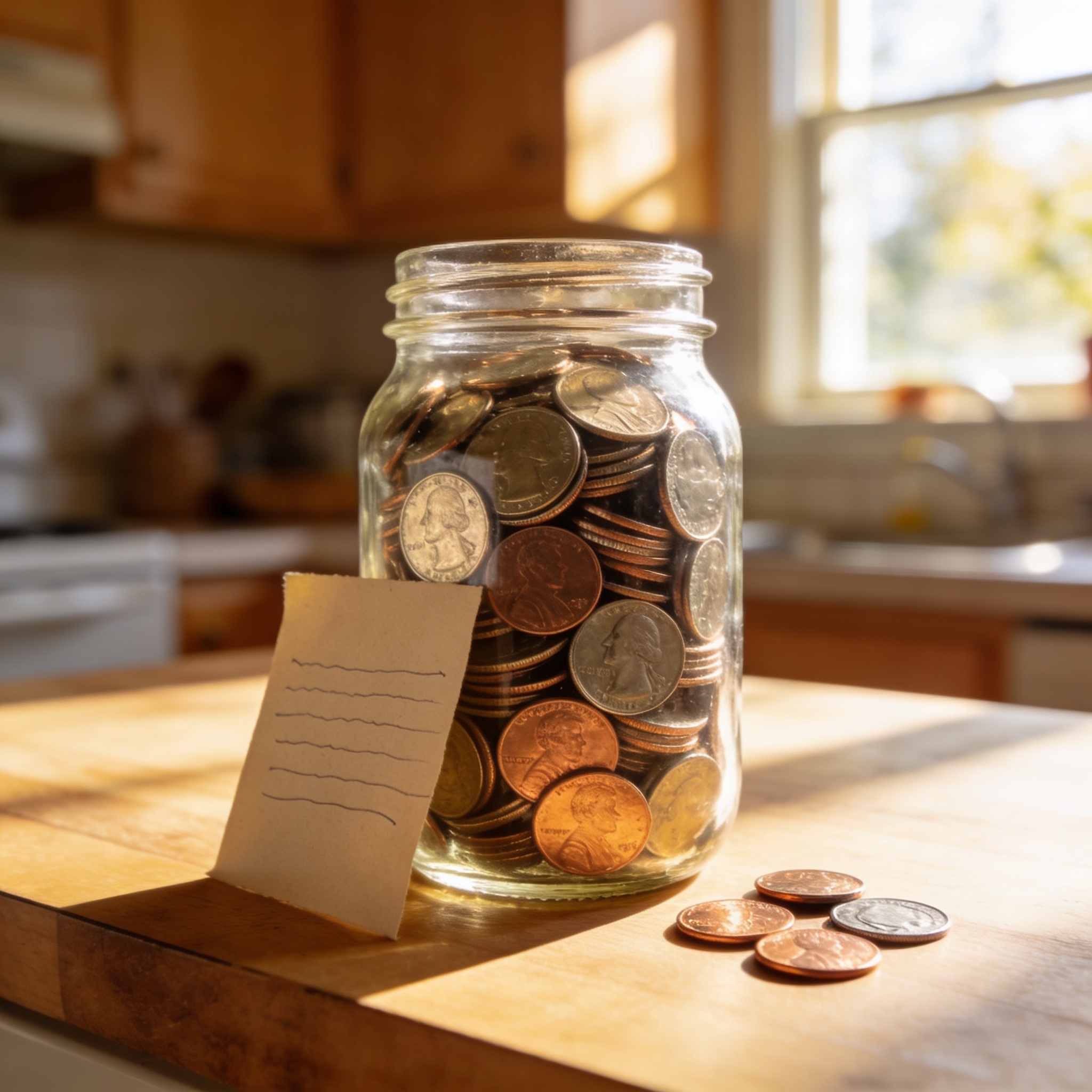 A jar of coins on a sunny kitchen counter - the simplest way to explain interest to kids