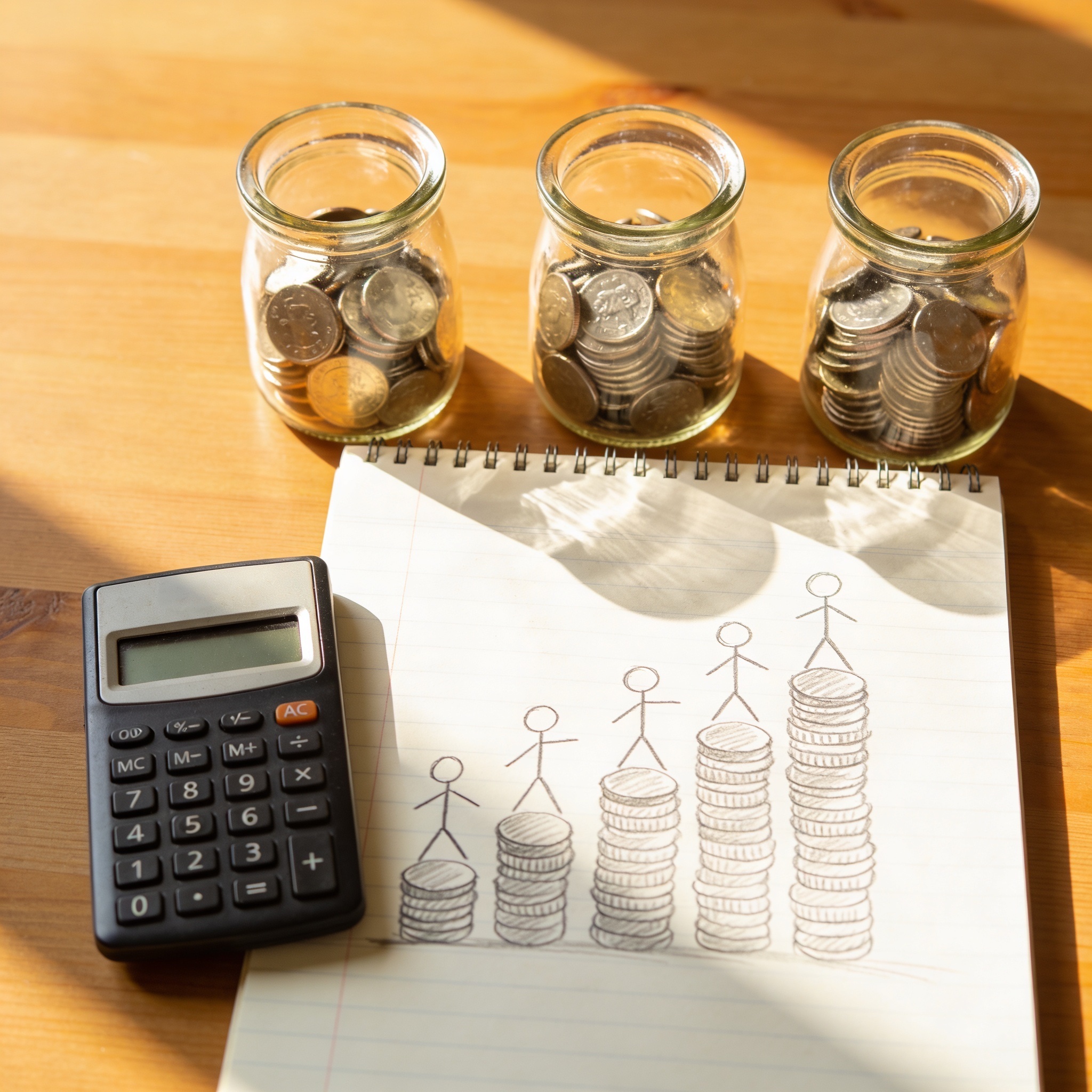 Three jars of coins and a notebook - visual tools for explaining interest to kids