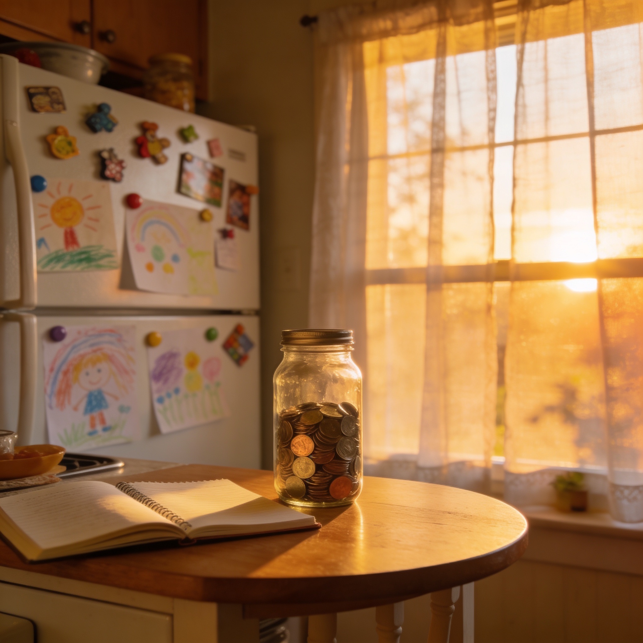 A warm kitchen scene with a savings jar - the everyday setting where you actually explain interest to kids