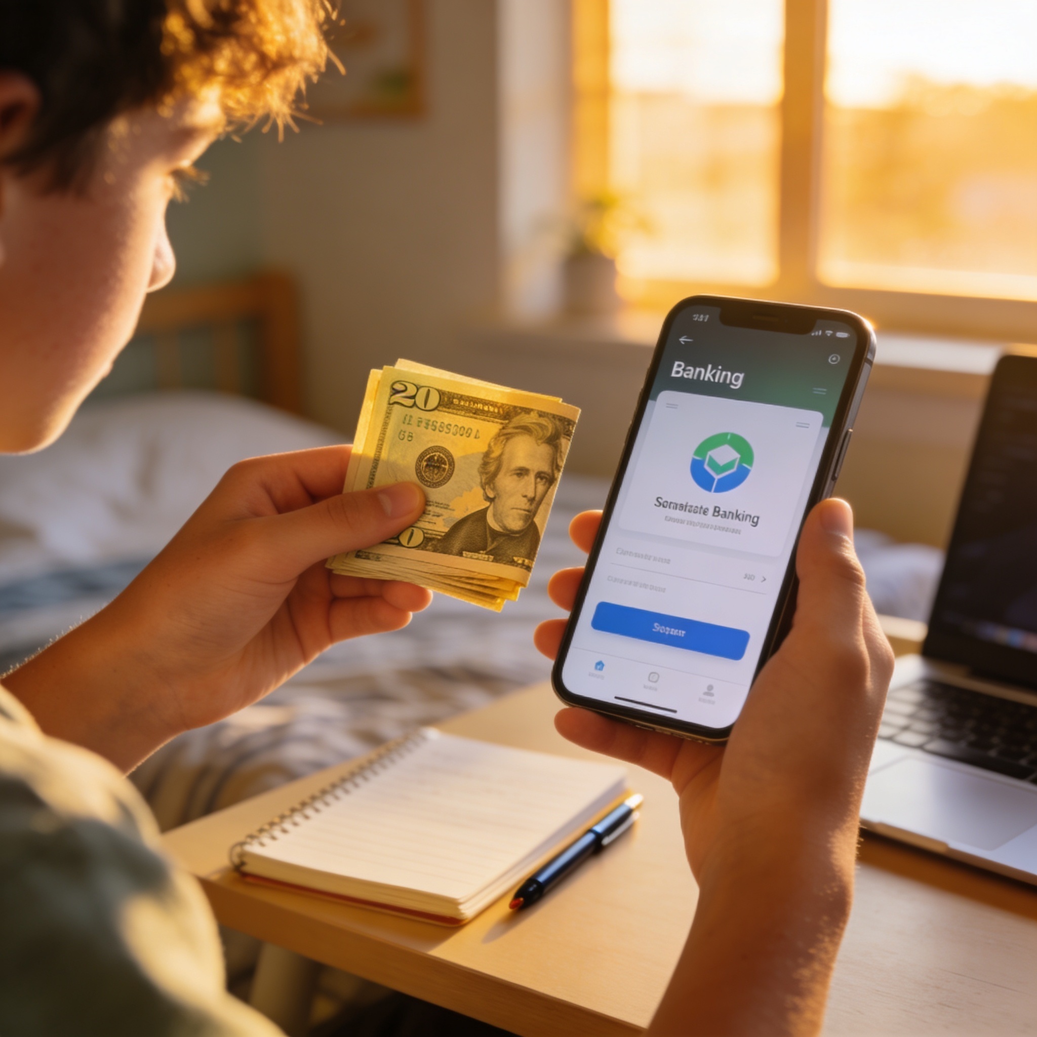 Teenager's hands holding cash and a smartphone banking app showing a plan for teen earners to make their first $100