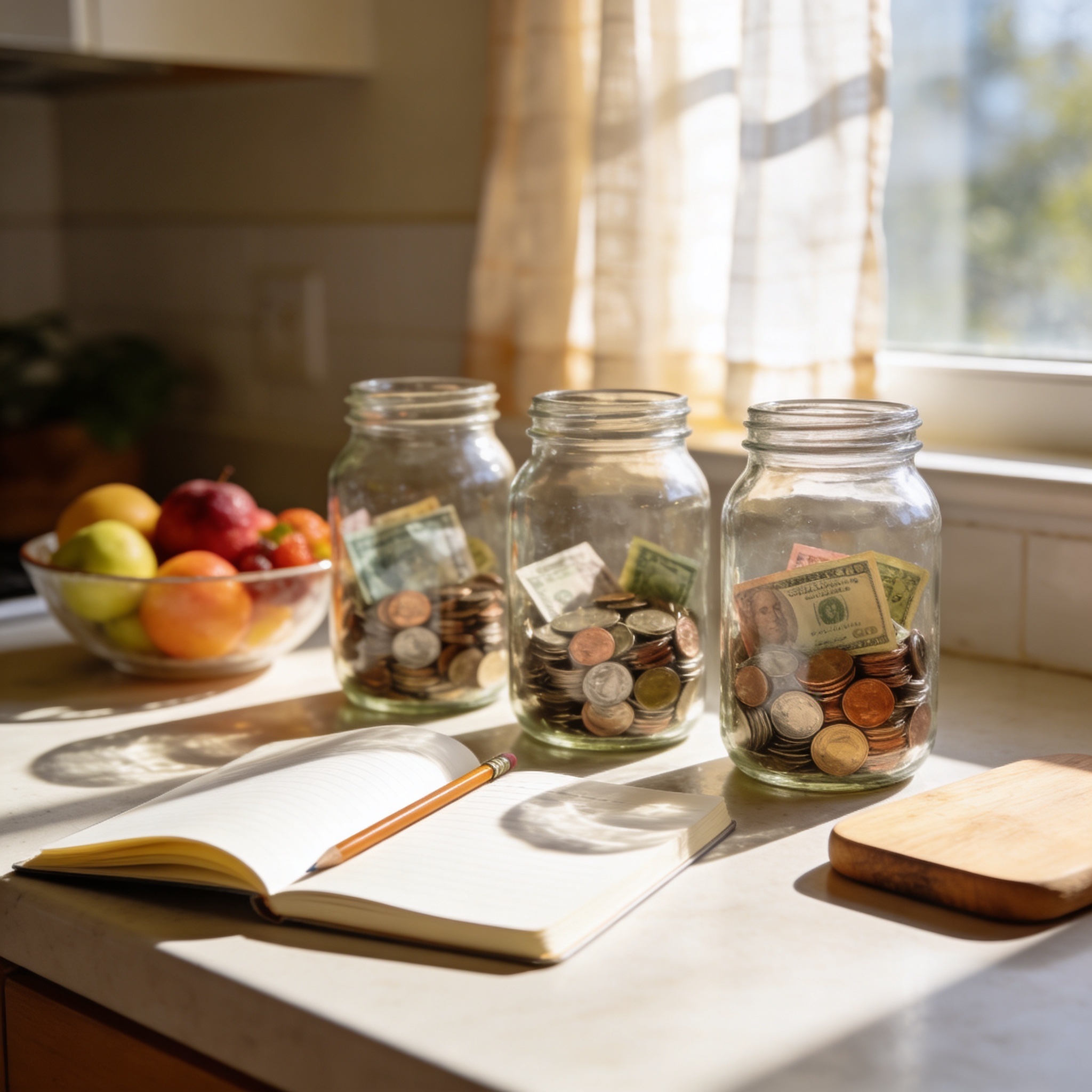 A sunny family kitchen counter with three jars holding bills and coins beside an open notebook - a real-world setup for teaching kids to budget their allowance