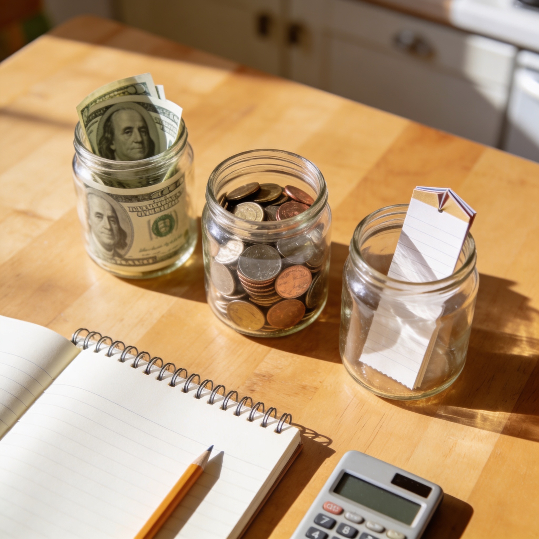 Three glass jars labeled spend save and give beside an open notebook and pencil on a sunny kitchen table for kids budget allowance