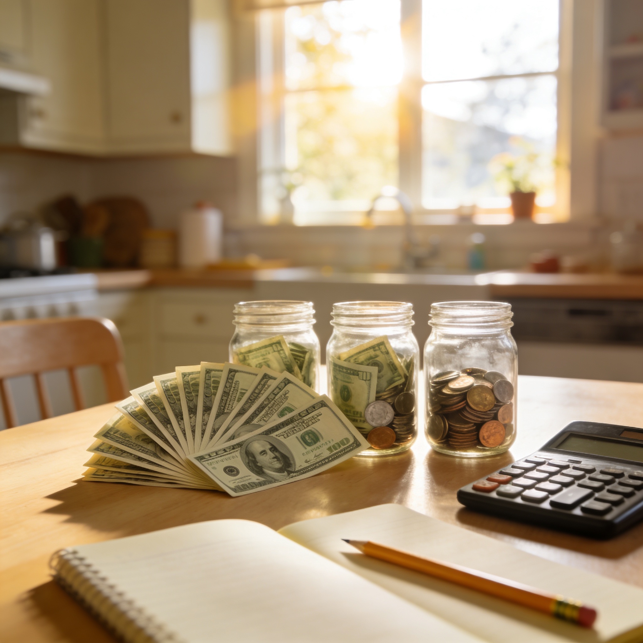 Three jars filled with US dollar bills and coins beside a calculator and open notebook on a sunny kitchen table - the three buckets of a kids budget allowance system