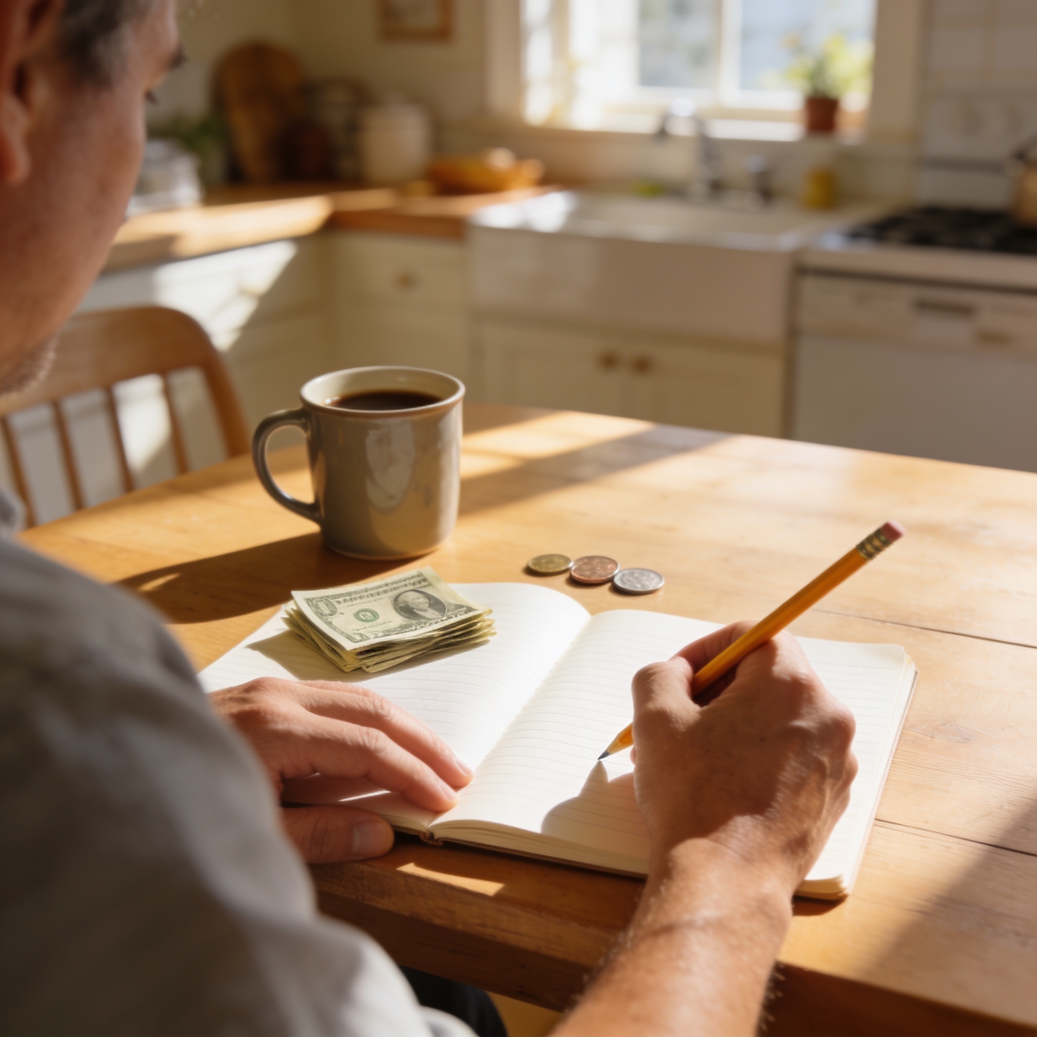 Adult hands writing in an open notebook beside a small stack of US dollar bills and coins on a sunny family kitchen table - planning a kids budget allowance