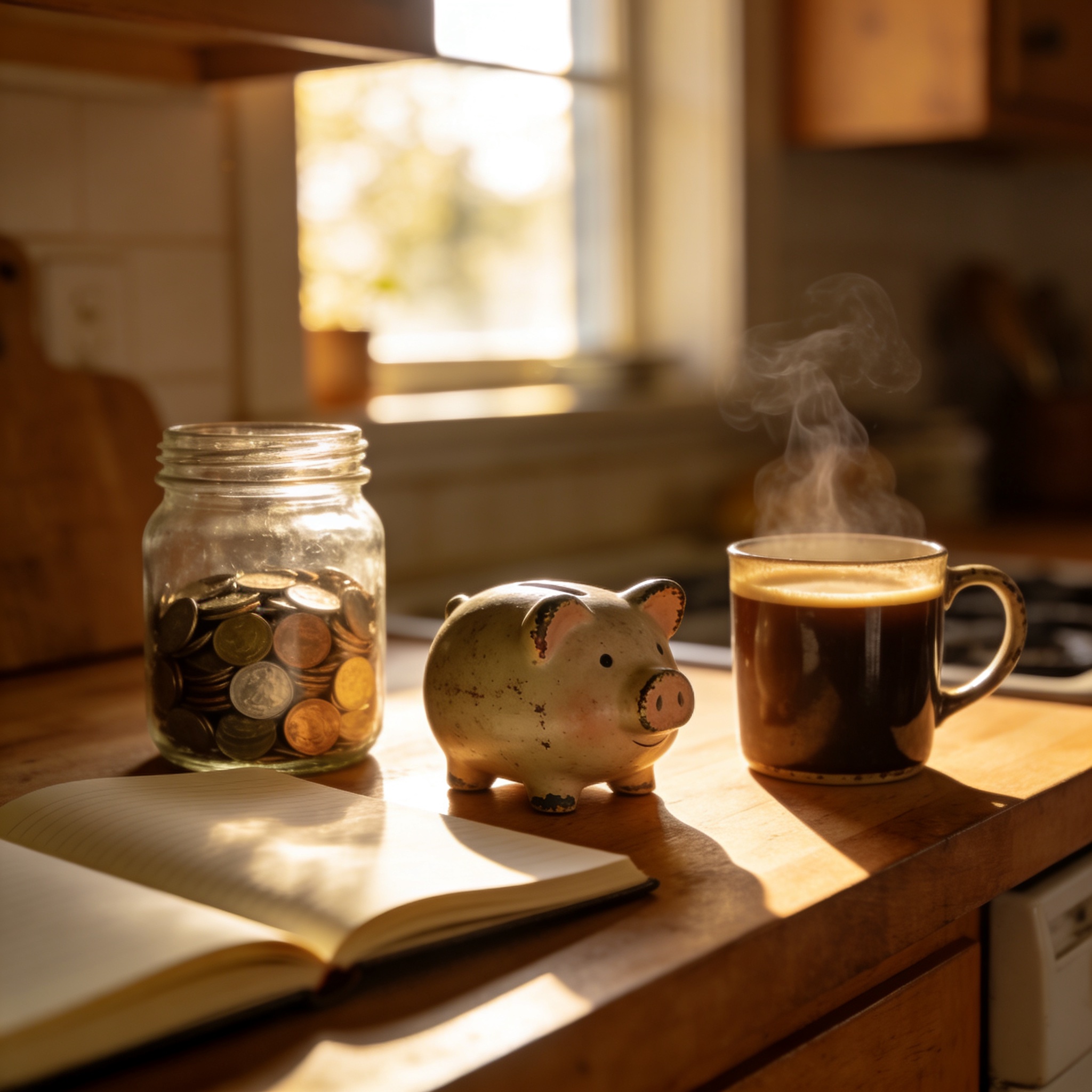 A warm kitchen scene with a coin jar, notebook, and piggy bank - the family setting where the piggy bank for kids lesson actually happens