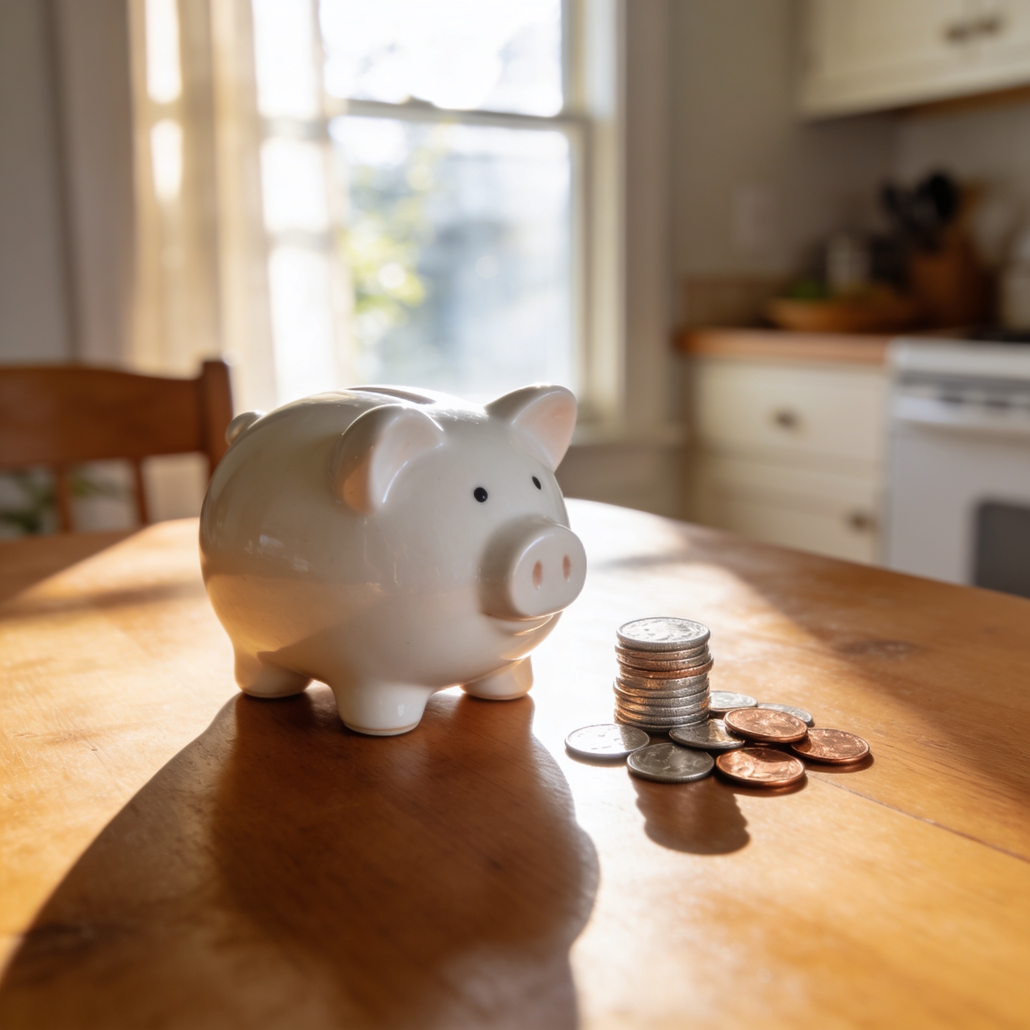 A classic ceramic piggy bank on a sunny kitchen table - the simplest piggy bank for kids lesson in action