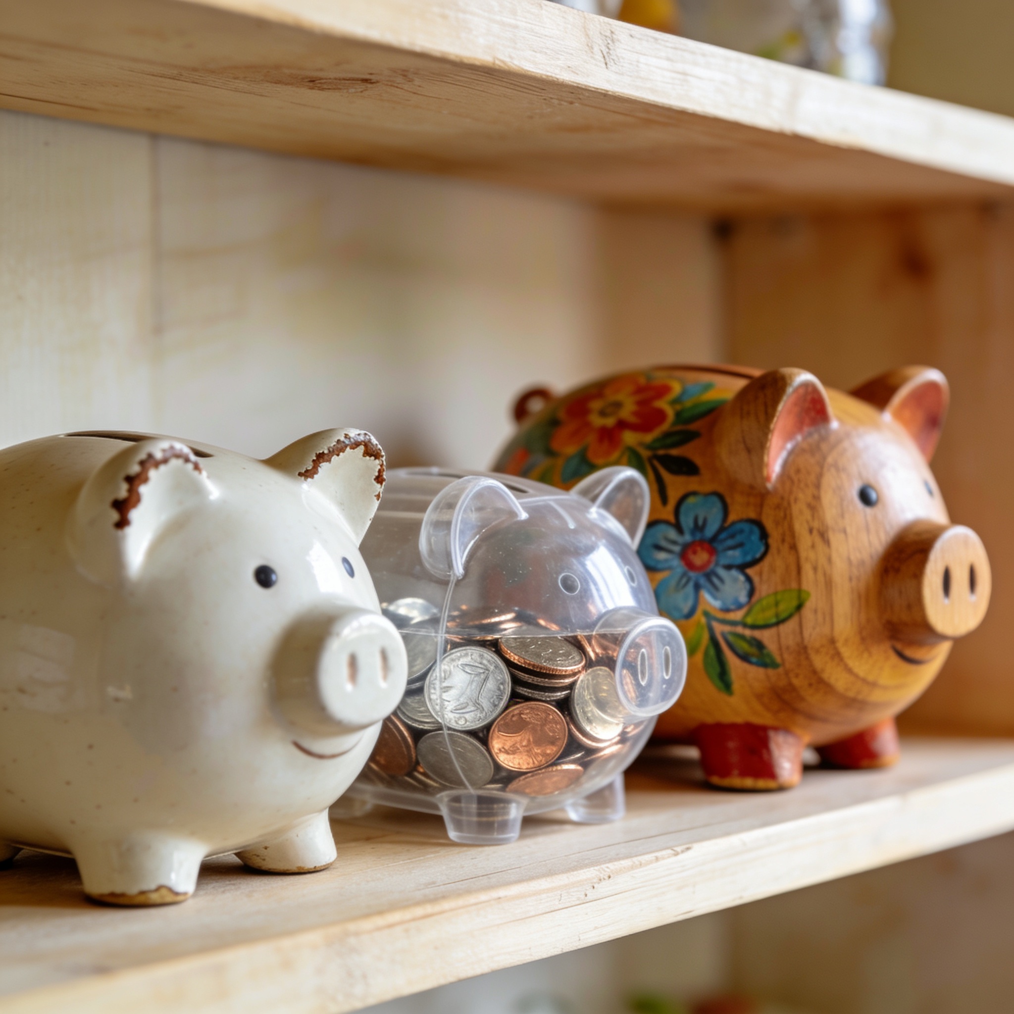 Three styles of piggy bank - ceramic, clear plastic, and wooden - showing different teaching tools for the piggy bank lesson