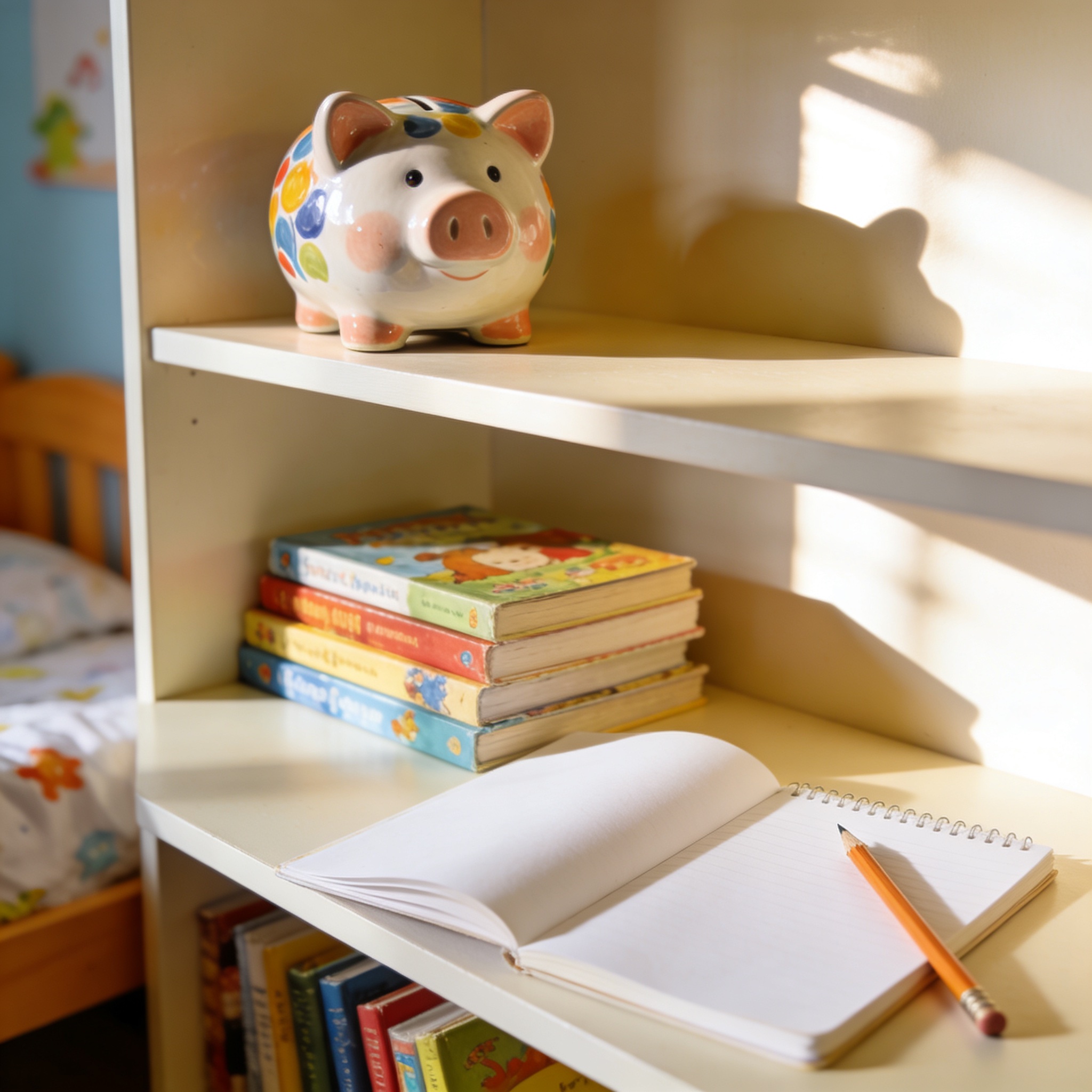 A kid's bedroom shelf with a piggy bank, books, and notebook - a quiet daily piggy bank for kids lesson in action