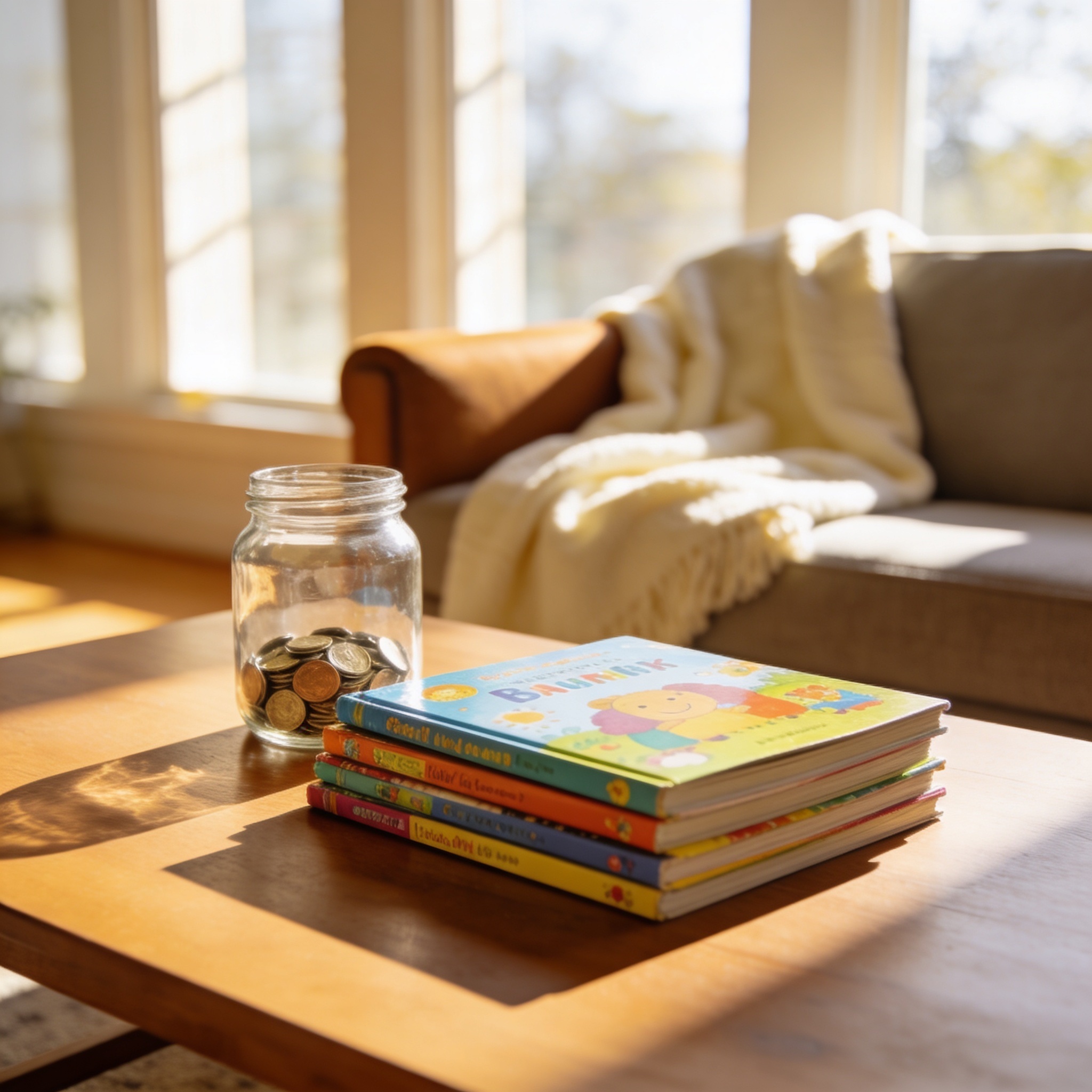 A warm family living room with children's books and a savings jar - Young Bucks Club kids finance resources