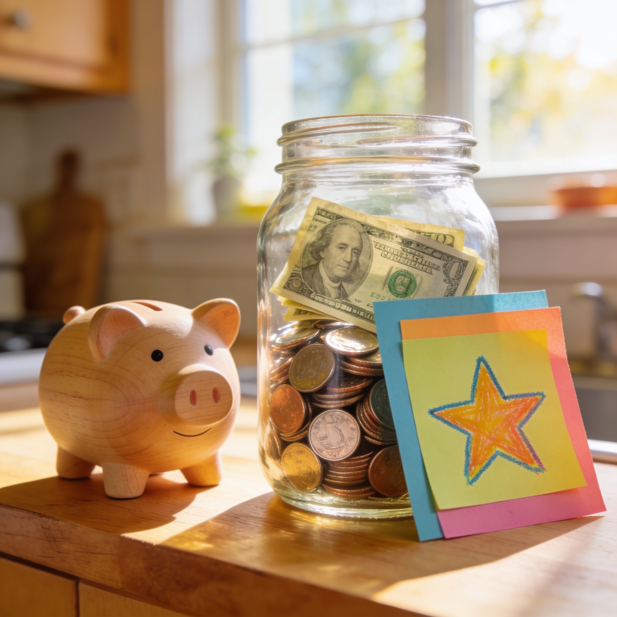A glass savings jar with coins on a sunlit kitchen counter - setting up a savings habit for a 6-year-old