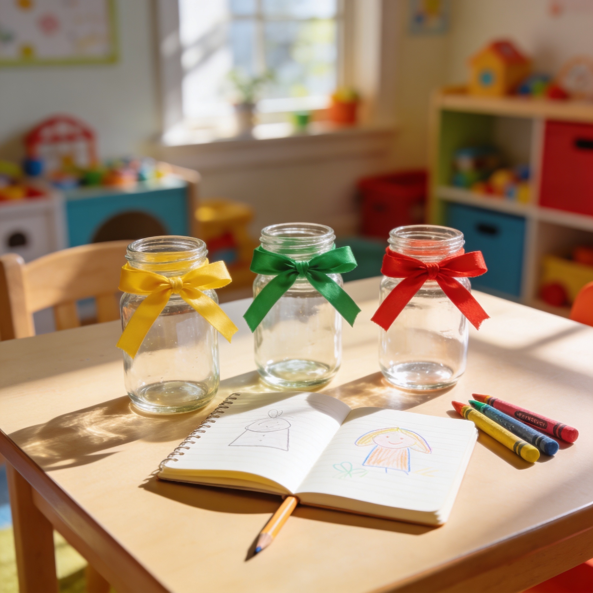 Three small savings jars arranged on a sunlit kid's desk - early savings habit for children