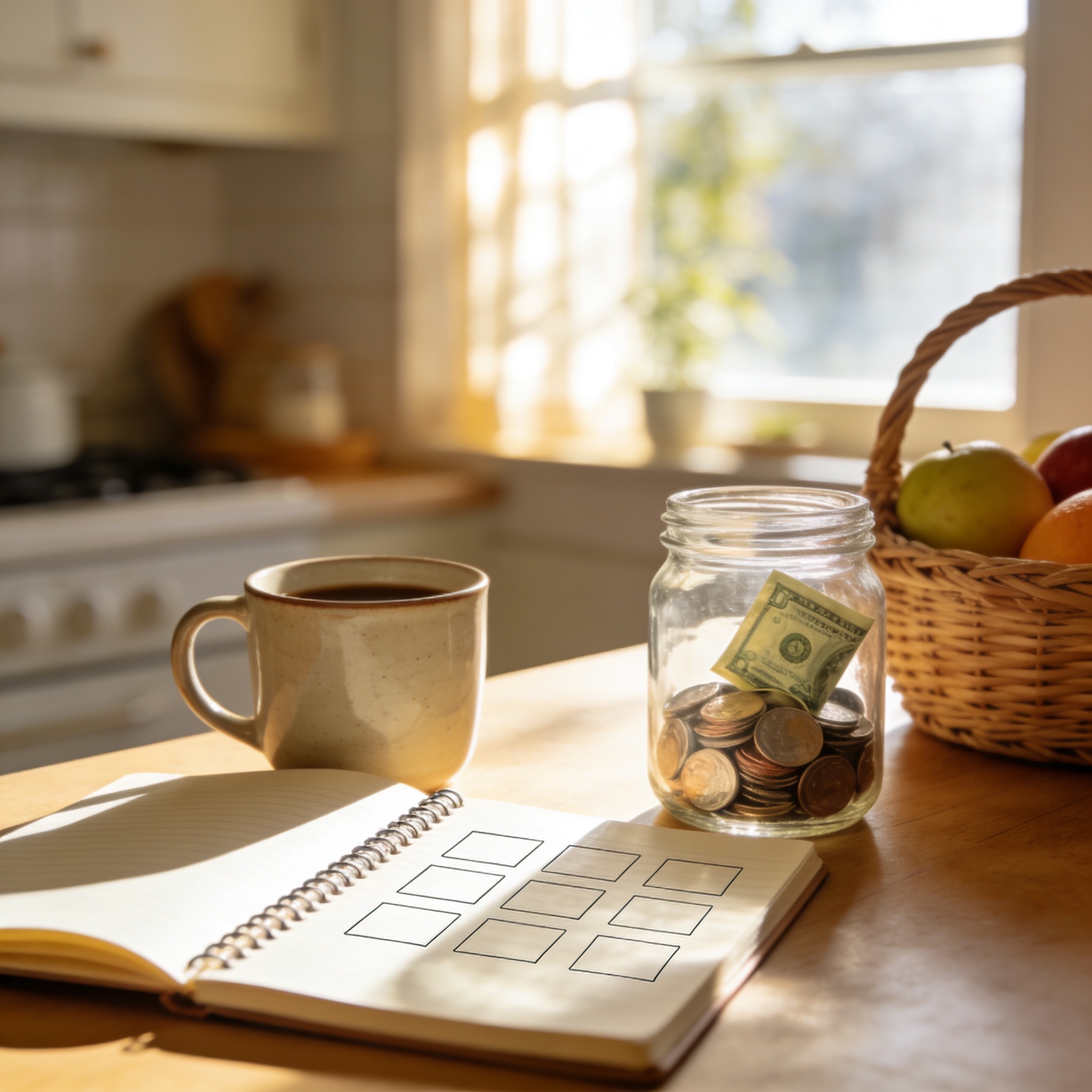 Cozy breakfast kitchen with a savings jar and notebook - building a weekly savings habit for a 6-year-old